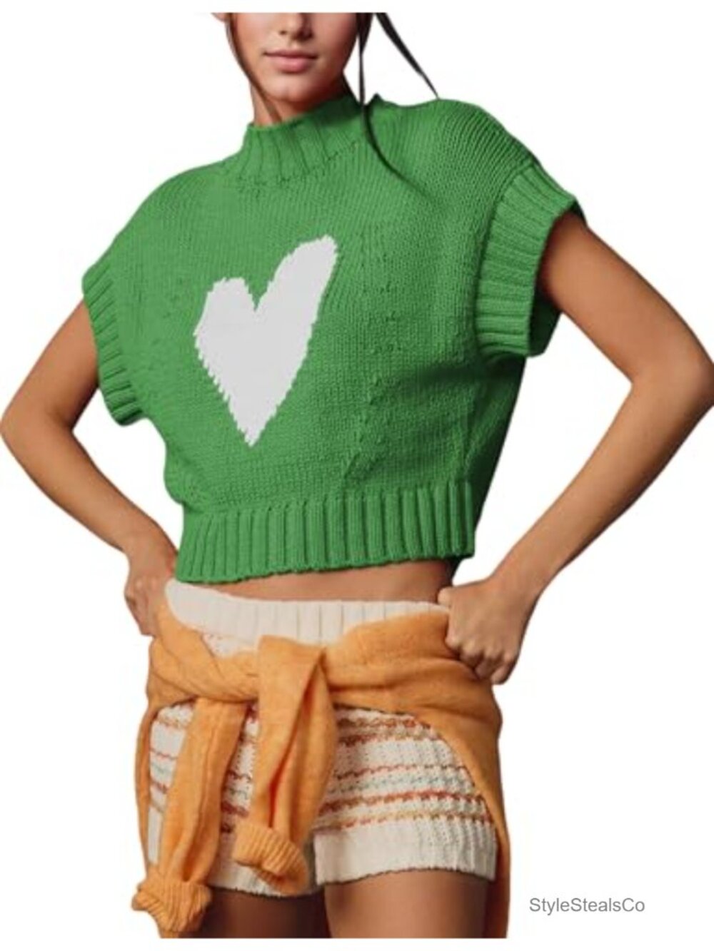 Womens 100% Cotton Mock Neck Sweater Vest Heart Crop Knit Pullover Tank Top